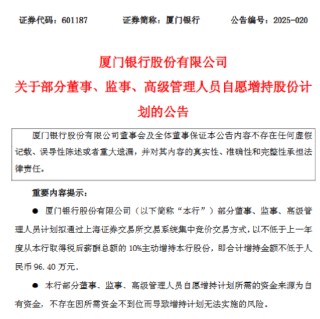 厦门银行：部分董监高拟合计增持不低于96.4万元